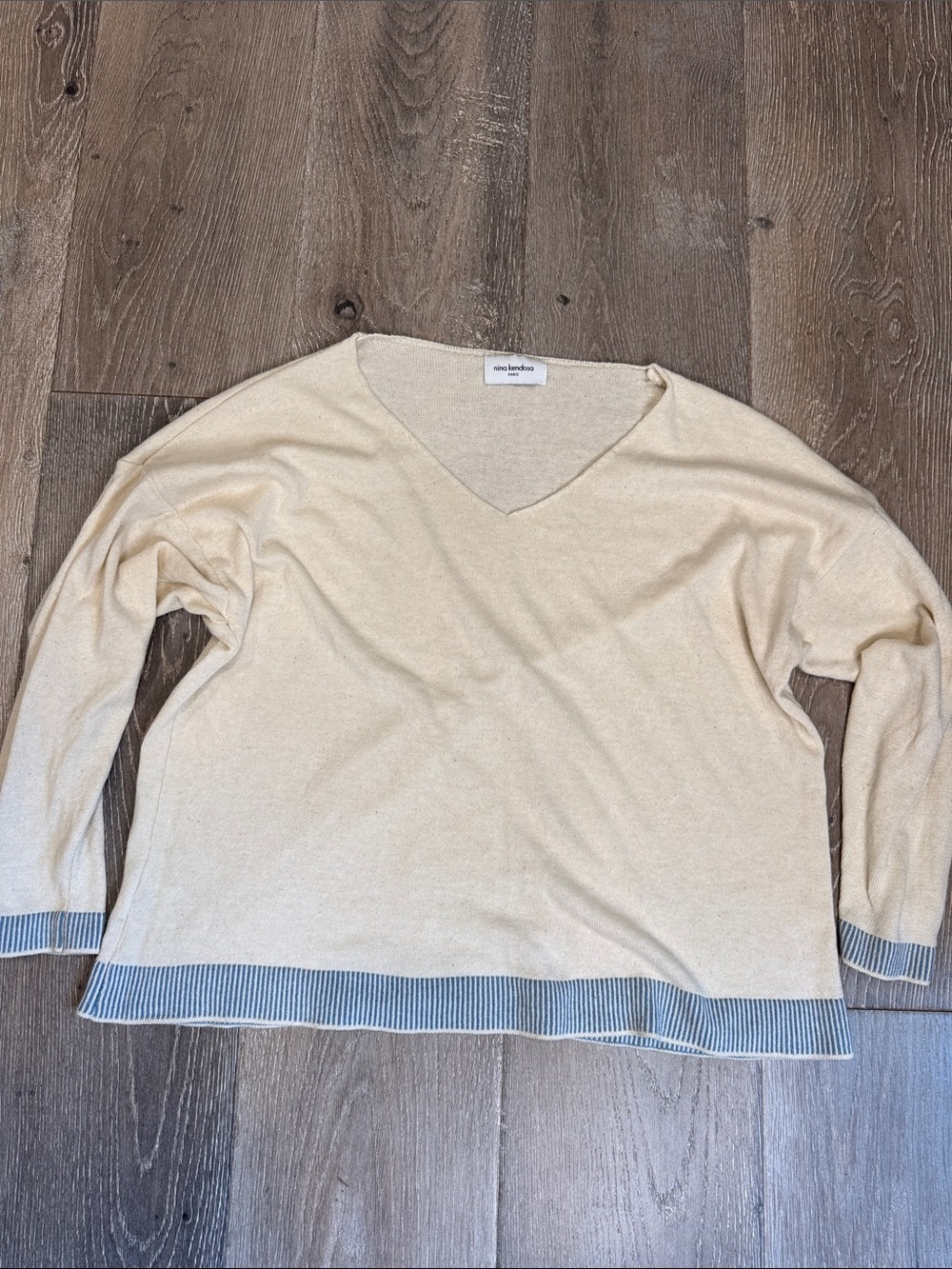Nina Kendosa V-Neck Cream Sweater with Blue Stripe Trim 0741